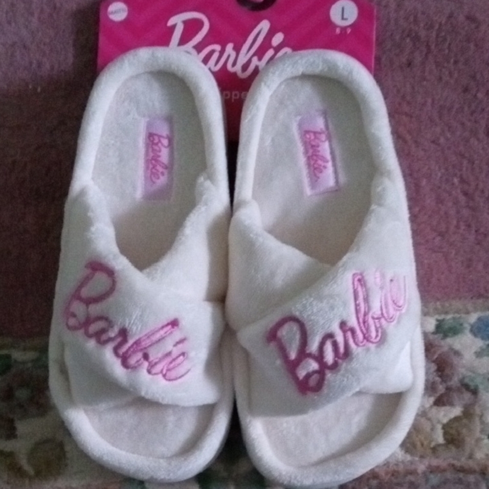 Barbie Plush White Slippers with Pink Embroidery